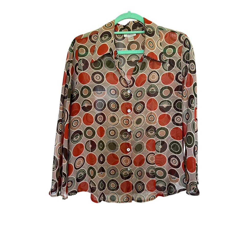 Vintage Creative Design Works CDW Sheer Button Down Blouse with Bell Sleeves L